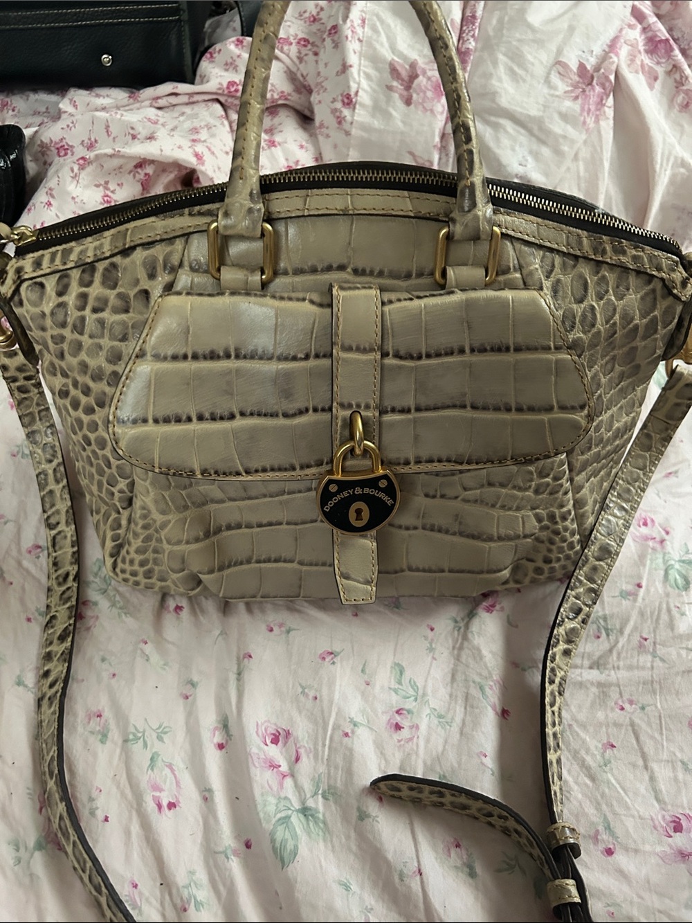 Dooney & Bourke Taupe Croc-Embossed Leather Satchel with Brass Hardware - Picture 1 of 7